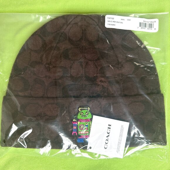 COACH SIGNATURE ROBOT PRINT KNIT BEANIE:NWT WALNUT/MULTI CX132 - Picture 4 of 9